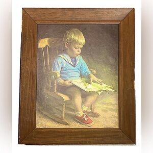Vintage 1970’s J. Ingwersen painting of little boy in rocking chair reading Gary